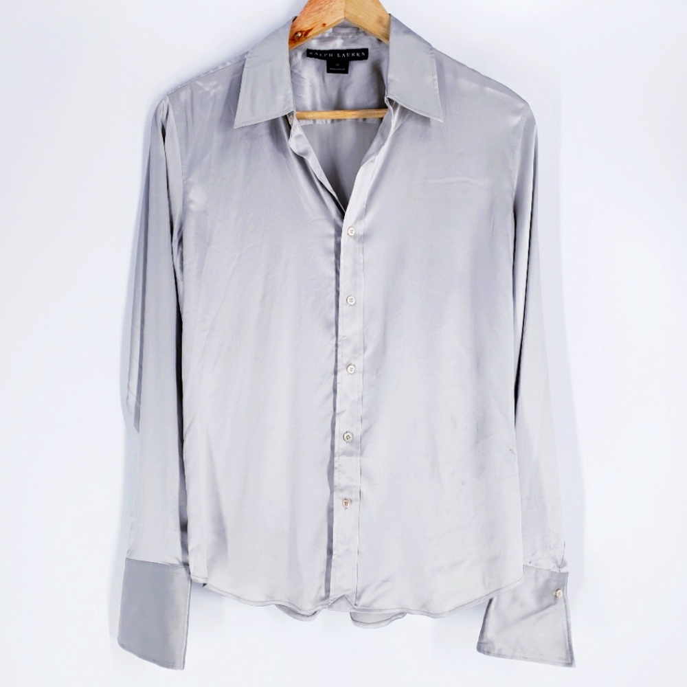 Ralph Lauren Black Label Gray Silver Silk Button Down Top Size 12 *